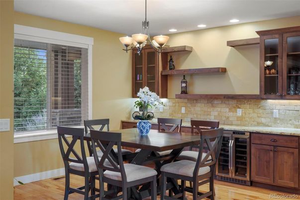 Chandelier, Dining room, Interior, Recessed Lighting, Wood Texture Flooring