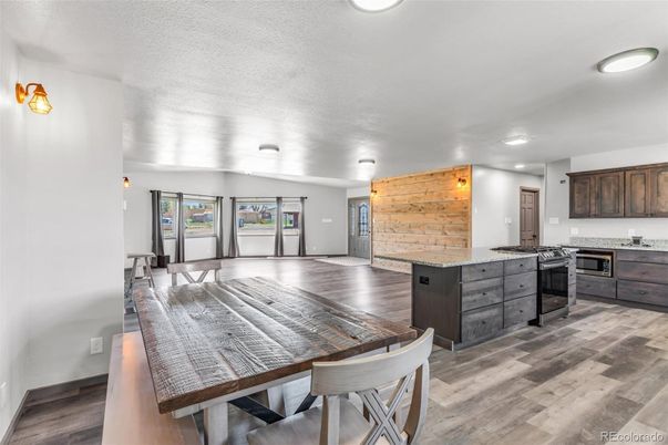 Dining room, Interior, Kitchen, Recessed Lighting, Wood Texture Flooring
