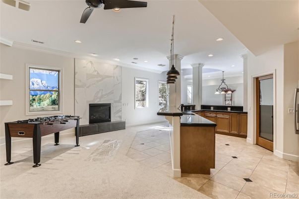 Billiard Table, Fireplace, Game Room, Interior, Kitchen, Pendant Lights, Recessed Lighting