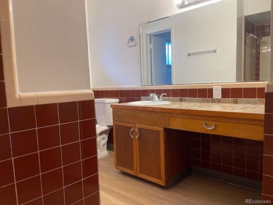 Bathroom, Interior, Tile Countertops, Wood Texture Flooring