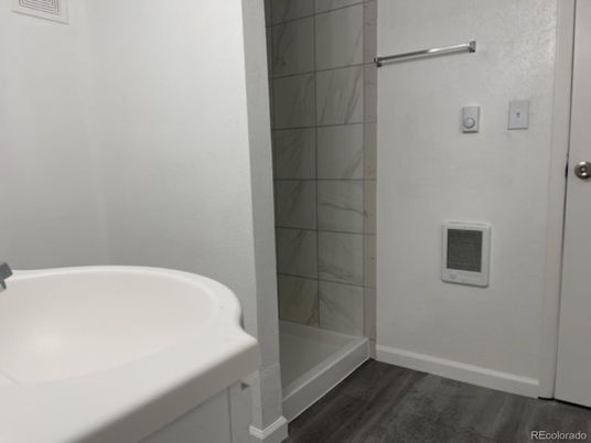 Bathroom, Glass Shower, Interior, Wood Texture Flooring