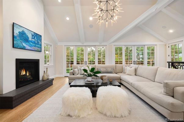 Fireplace, Interior, Living room, Pendant Lights, Recessed Lighting, Wood Texture Flooring