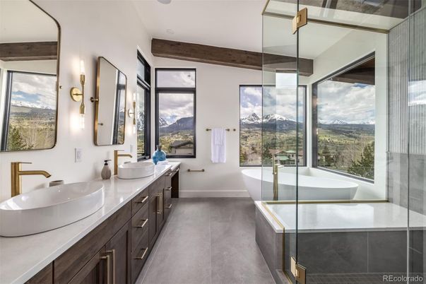 Bathroom, Dual Sink Vanities, Free Standing Baths, Glass Shower, Interior, Wooden Beams