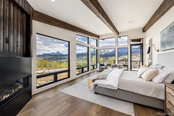 Bedroom, Fireplace, Interior, Recessed Lighting, Wooden Beams, Wood Texture Flooring