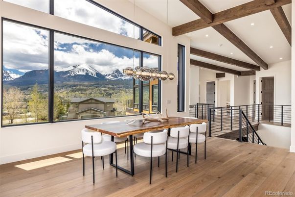 Dining room, Interior, Pendant Lights, Recessed Lighting, Wooden Beams, Wood Texture Flooring
