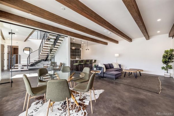 Dining room, Interior, Living room, Pendant Lights, Recessed Lighting, Wooden Beams