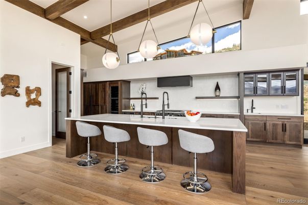 Interior, Kitchen, Pendant Lights, Recessed Lighting, Stainless Steel Appliances, Wooden Beams, Wood Texture Flooring