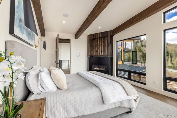 Bedroom, Fireplace, Interior, Recessed Lighting, Wooden Beams, Wood Texture Flooring