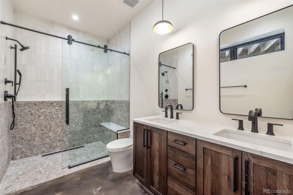 Bathroom, Dual Sink Vanities, Glass Shower, Interior, Pendant Lights, Recessed Lighting