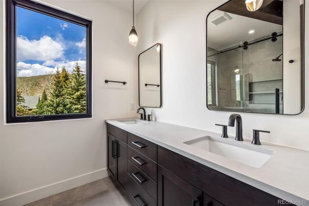Bathroom, Dual Sink Vanities, Glass Shower, Interior, Pendant Lights, Recessed Lighting