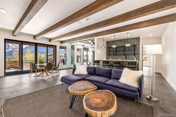 Dining room, Interior, Living room, Pendant Lights, Recessed Lighting, Wooden Beams