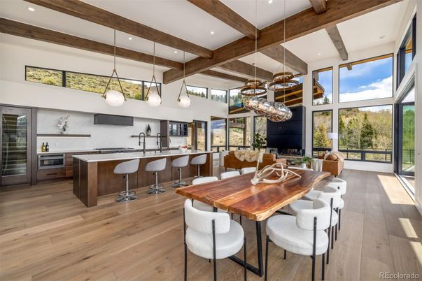 Dining room, Interior, Kitchen, Pendant Lights, Recessed Lighting, Wooden Beams, Wood Texture Flooring