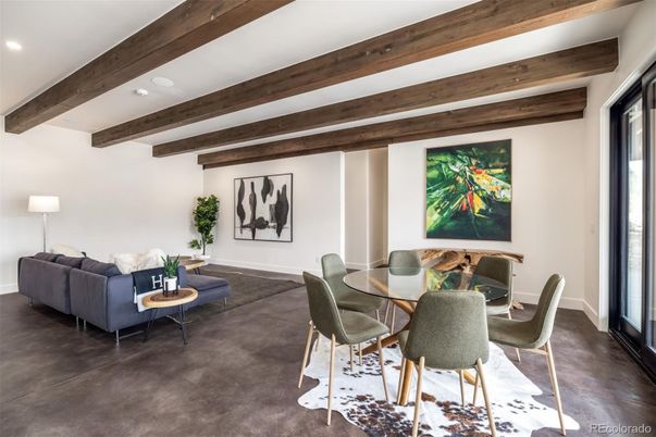 Dining room, Interior, Living room, Recessed Lighting, Wooden Beams