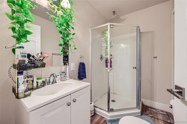 Bathroom, Glass Shower, Interior, Wood Texture Flooring