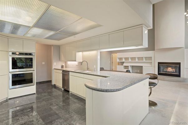 Fireplace, Interior, Kitchen, Recessed Lighting, Stainless Steel Appliances