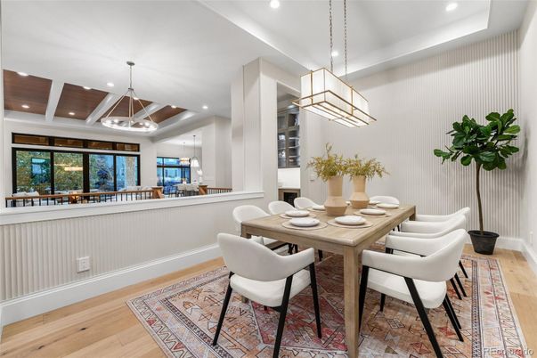 Dining room, Interior, Pendant Lights, Recessed Lighting, Wooden Ceilings, Wood Texture Flooring