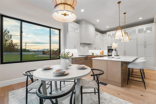 Dining room, Interior, Kitchen, Pendant Lights, Recessed Lighting, Wood Texture Flooring