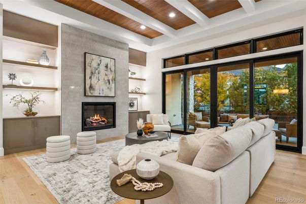 Fireplace, Interior, Living room, Recessed Lighting, Wooden Ceilings, Wood Texture Flooring