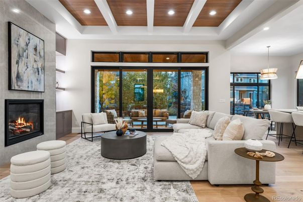 Dining room, Fireplace, Interior, Living room, Pendant Lights, Recessed Lighting, Wooden Ceilings, Wood Texture Flooring