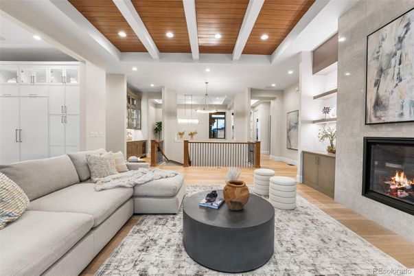 Fireplace, Interior, Living room, Pendant Lights, Recessed Lighting, Wooden Ceilings, Wood Texture Flooring