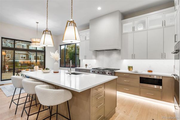 Interior, Kitchen, Pendant Lights, Recessed Lighting, Stainless Steel Appliances, Wood Texture Flooring