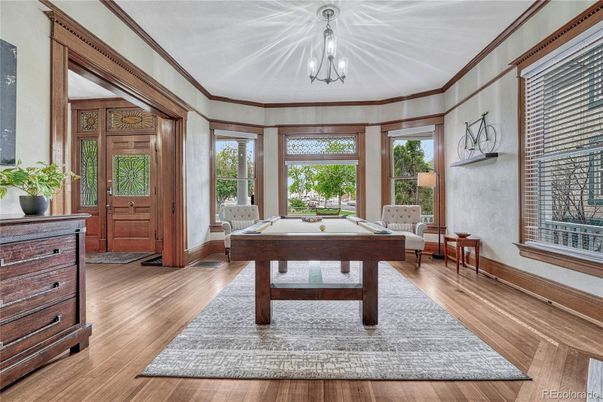 Billiard Table, Chandelier, Game Room, Interior, Wood Texture Flooring