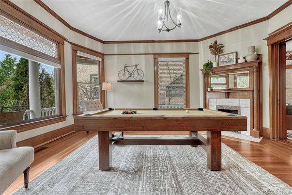 Billiard Table, Fireplace, Game Room, Interior, Wood Texture Flooring