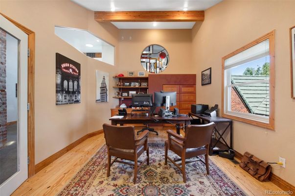 Home Office, Interior, Recessed Lighting, Wooden Beams, Wood Texture Flooring