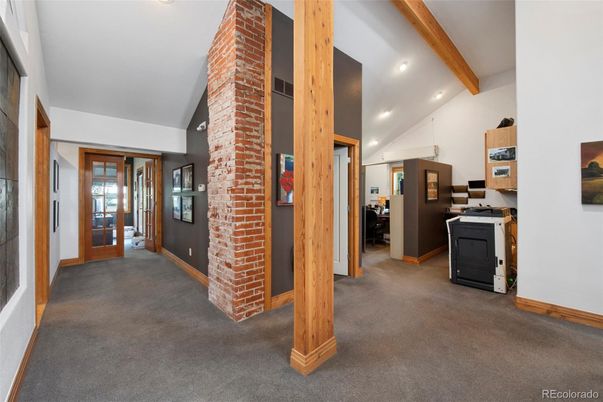 Interior, Kitchen, Recessed Lighting, Stone Walls, Wooden Beams