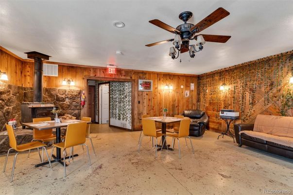 Dining room, Fireplace, Interior, Recessed Lighting, Stone Walls, Wooden Walls