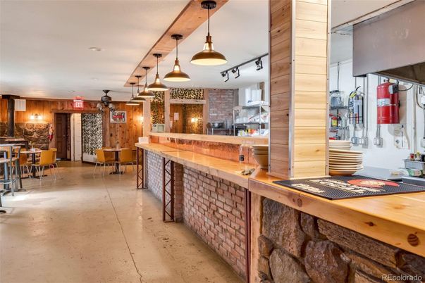Dining room, Interior, Pendant Lights, Recessed Lighting, Stone Walls
