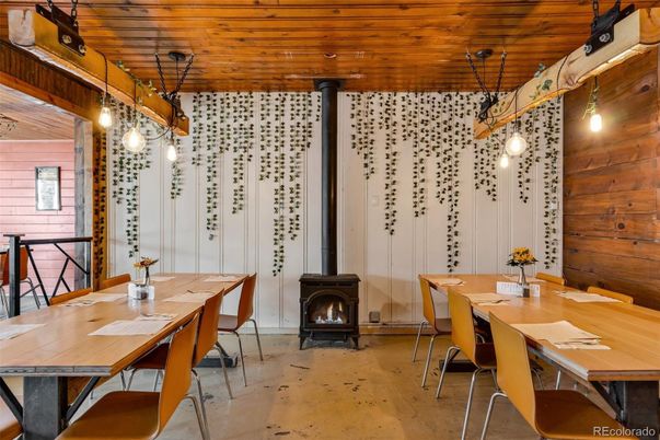 Dining room, Fireplace, Interior, Pendant Lights, Wooden Ceilings, Wooden Walls