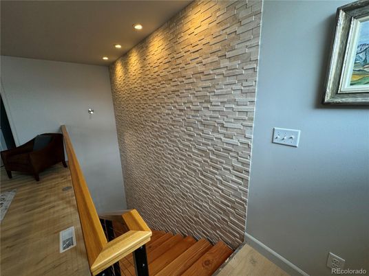 Interior, Recessed Lighting, Stone Walls, Wood Texture Flooring