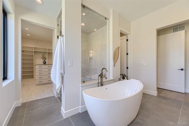 Bathroom, Free Standing Baths, Glass Shower, Interior, Recessed Lighting, Walk-in Closets
