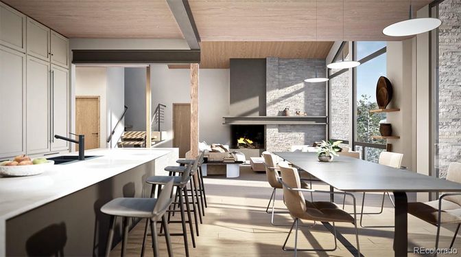 Dining room, Fireplace, Interior, Pendant Lights, Stone Walls, Wooden Ceilings, Wood Texture Flooring