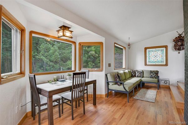 Dining room, Interior, Living room, Pendant Lights, Wood Texture Flooring