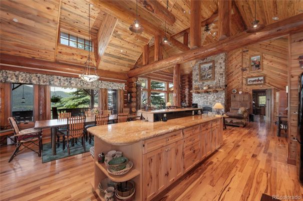 Dining room, Interior, Pendant Lights, Wooden Beams, Wooden Ceilings, Wood Texture Flooring, Wooden Walls