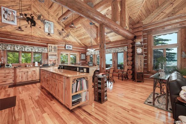 Chandelier, Interior, Kitchen, Pendant Lights, Wooden Beams, Wooden Ceilings, Wood Texture Flooring, Wooden Walls