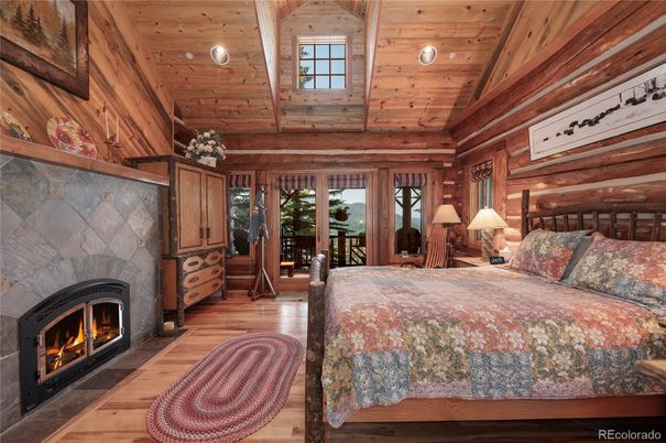 Bedroom, Fireplace, Interior, Recessed Lighting, Wooden Beams, Wooden Ceilings, Wood Texture Flooring, Wooden Walls