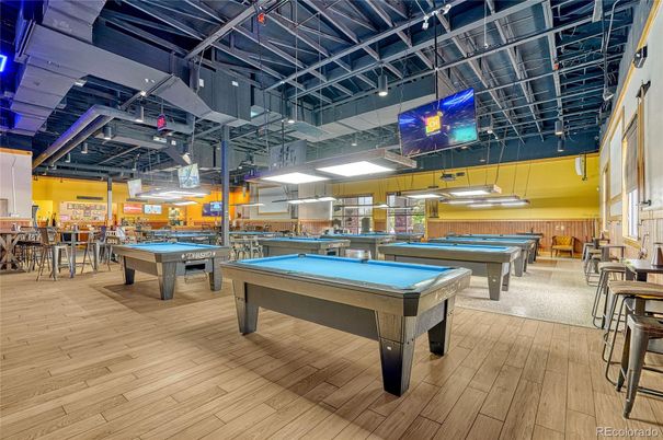 Billiard Table, Game Room, Interior, Pendant Lights, Wood Texture Flooring