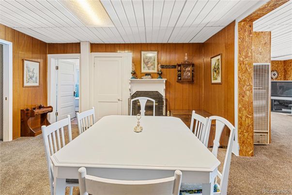 Dining room, Fireplace, Interior, Wooden Walls