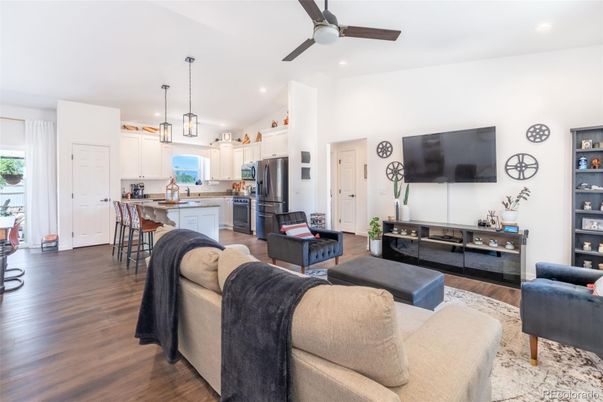 Interior, Kitchen, Living room, Pendant Lights, Recessed Lighting, Wood Texture Flooring