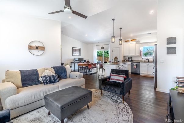 Dining room, Interior, Kitchen, Living room, Pendant Lights, Recessed Lighting, Wood Texture Flooring