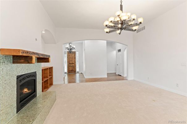 Chandelier, Empty room, Fireplace, Interior, Wood Texture Flooring