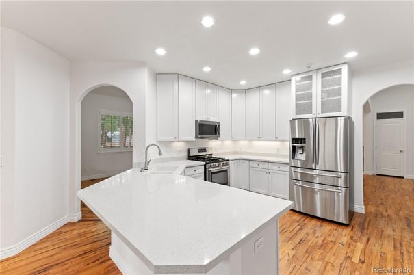 Interior, Kitchen, Recessed Lighting, Stainless Steel Appliances, Wood Texture Flooring