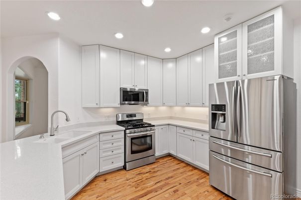 Interior, Kitchen, Recessed Lighting, Stainless Steel Appliances, Wood Texture Flooring