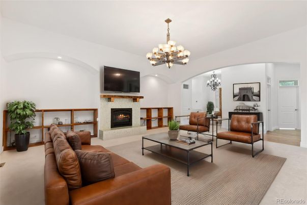 Chandelier, Fireplace, Interior, Living room, Recessed Lighting, Wood Texture Flooring