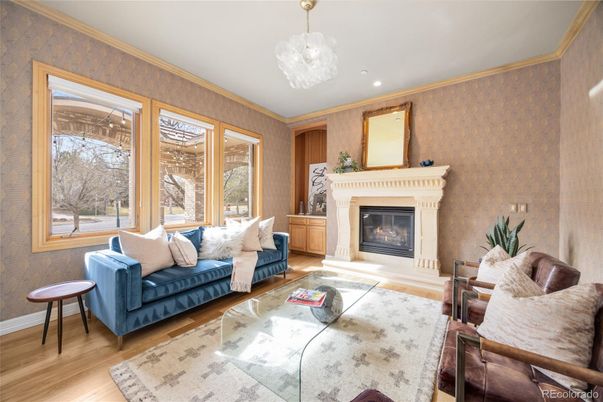 Chandelier, Fireplace, Interior, Living room, Recessed Lighting, Wood Texture Flooring