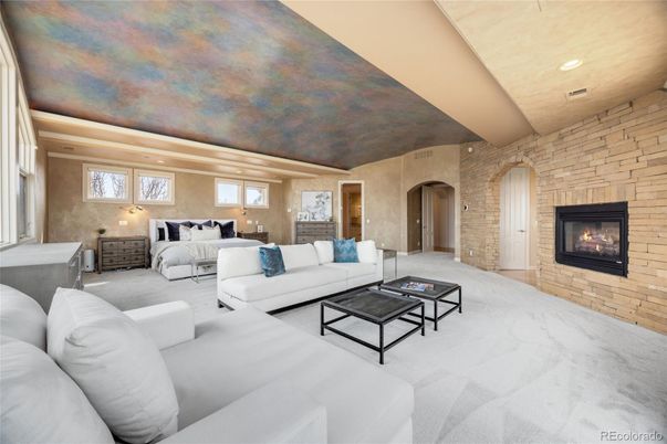 Fireplace, Interior, Living room, Recessed Lighting, Stone Walls