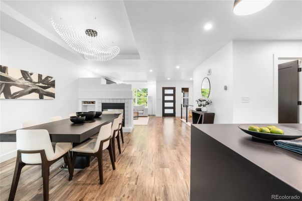 Chandelier, Dining room, Interior, Kitchen, Recessed Lighting, Wood Texture Flooring